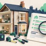 Illustration of a cutaway rental house beside a maintenance checklist, magnifying glass and tools in navy and green.