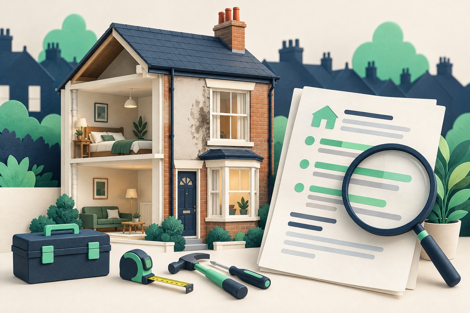 Illustration of a cutaway rental house beside a maintenance checklist, magnifying glass and tools in navy and green.