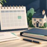 Desk calendar, model house, clock and navy document folder illustrating planning for a rental property appointment.