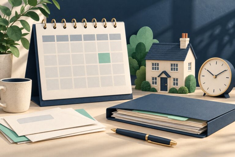 Desk calendar, model house, clock and navy document folder illustrating planning for a rental property appointment.
